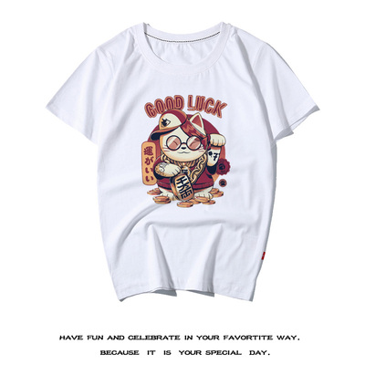 千万两GOOD LUCK趣味T恤diy纯棉时尚招财猫宽松短袖潮牌上衣夏装t