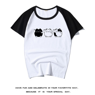 恶搞动漫短袖3只小猫日系可爱卡通招财猫趣味纯棉简约夏潮牌衣服T