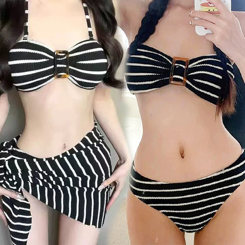 比基尼泳衣女款三件套复古条纹性感网红纯欲风沙滩度假泡温泉泳装