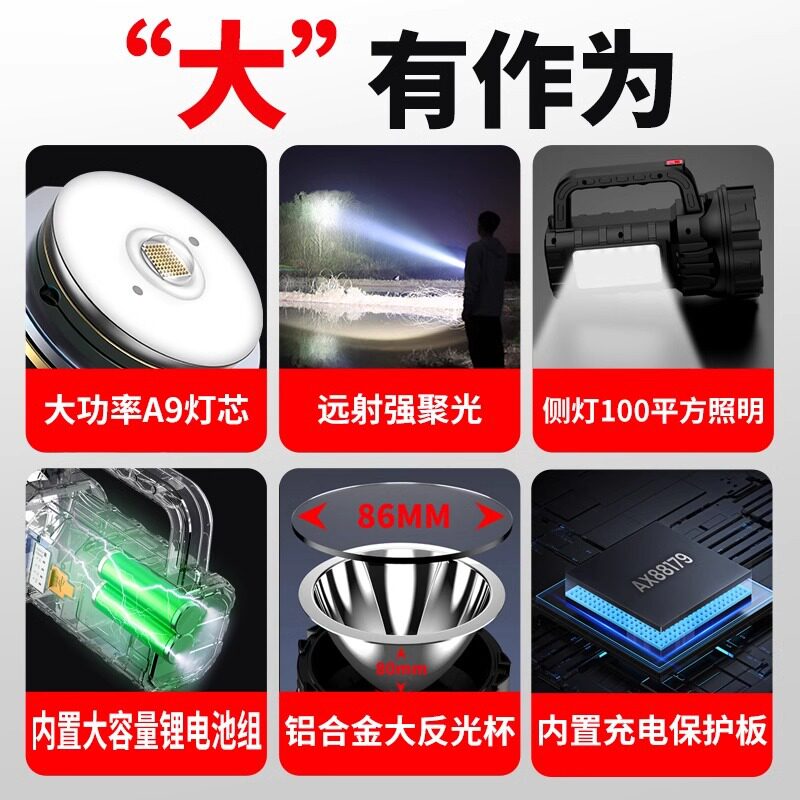 强光手电筒充电超亮户外探照灯手提灯远射家用耐用便携小式应急灯