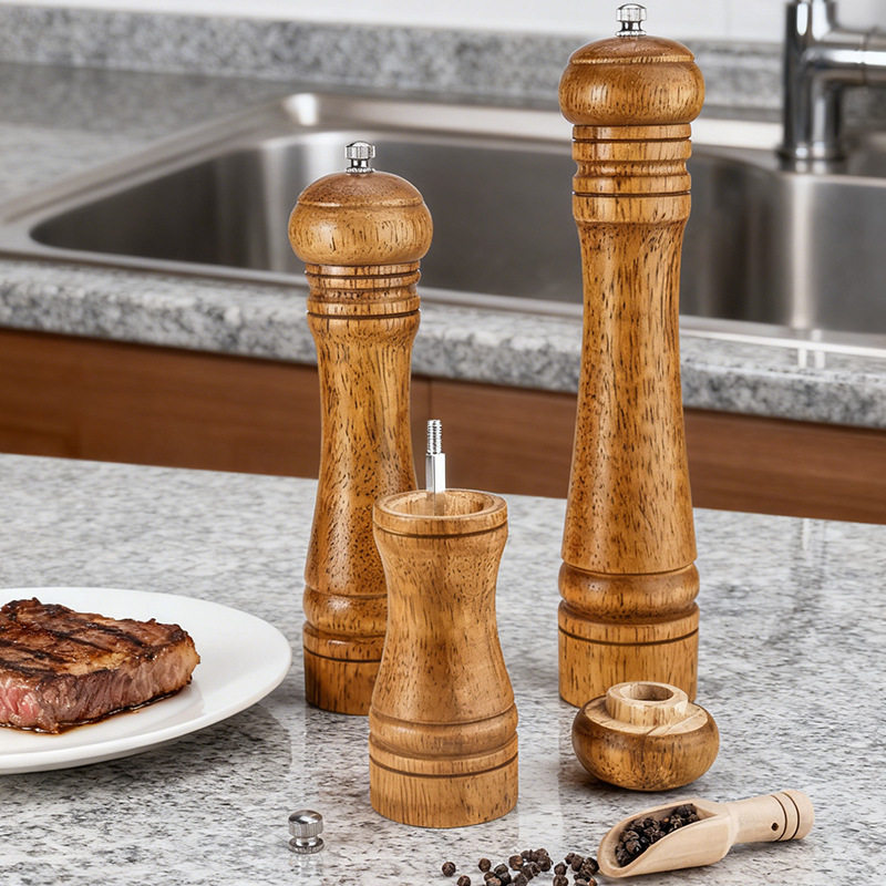 厂家5寸8寸10寸研磨器黑白胡椒研磨器家用橡胶木手拧磨海盐花椒粉