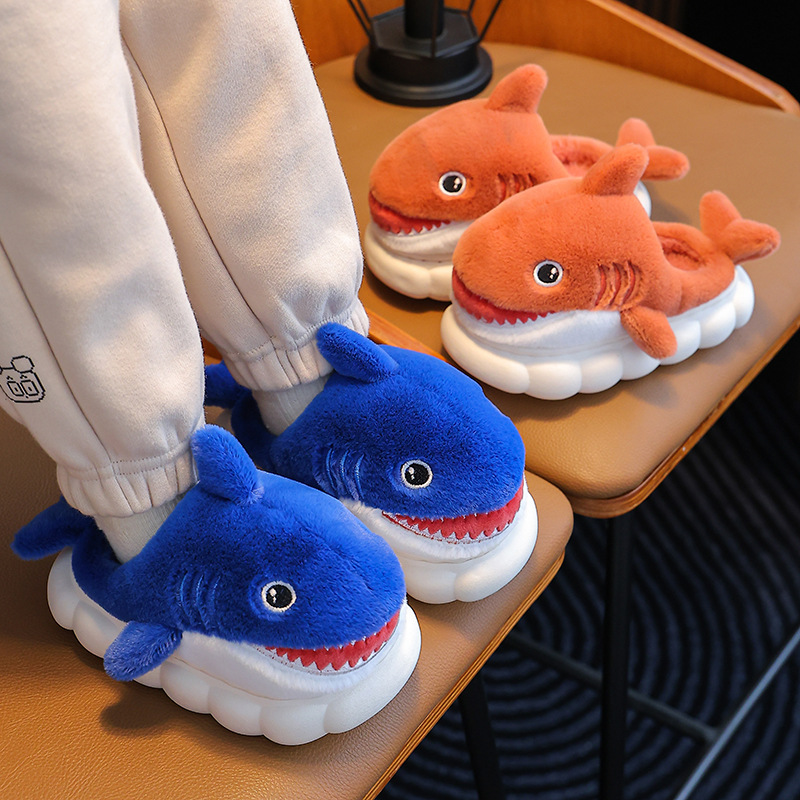儿童棉拖鞋男孩冬季卡通鲨鱼包跟毛毛鞋小孩宝宝家居鞋亲子棉鞋