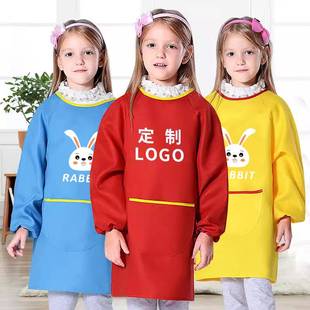 供应儿童围裙罩衣长袖 可印logo幼儿园画室美术反穿衣烘焙学生