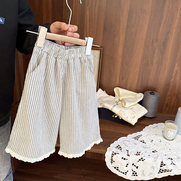 女婴儿夏季防蚊裤女童竖条纹凉快阔腿裤女宝宝轻薄款棉麻布休闲裤
