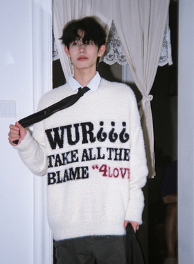 WUR 美式休闲秋冬2025新款马海毛针织衫男女宽松百搭圆领情侣毛衣