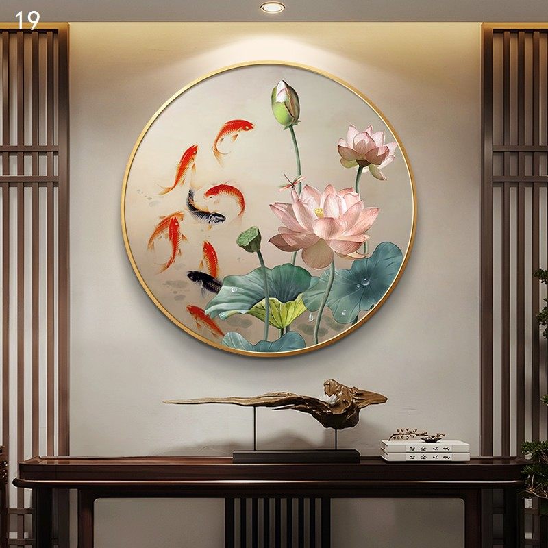 九鱼聚财入户玄关装饰画荷花鲤鱼图新中式圆形正对门走廊过道挂画,家居饰品,现代装饰画,淘宝优惠券,粉丝福利购,淘宝优惠卷
