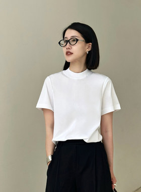 半高领棉感T恤女!夏季宽松休闲纯棉小众后缝线设计高阶老钱风短袖