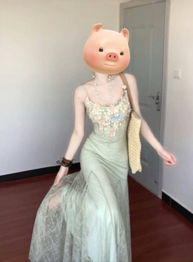 法式绿色花朵蕾丝网纱吊带连衣裙女夏季纯欲气质修身鱼尾包臀长裙