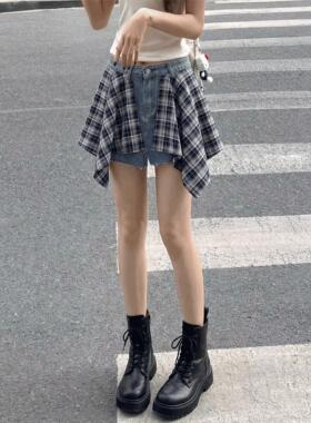 格子拼接屁帘牛仔短裤女2026夏季新款大码胖mm小个子美式直筒裤子