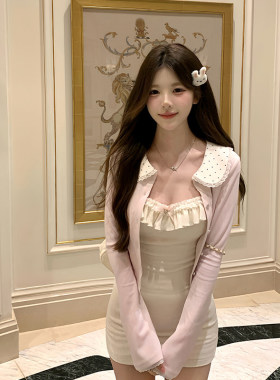 白桃甜茶美萌波点花边领小开衫甜美少女吊带针织裙包臀裙shebyshj