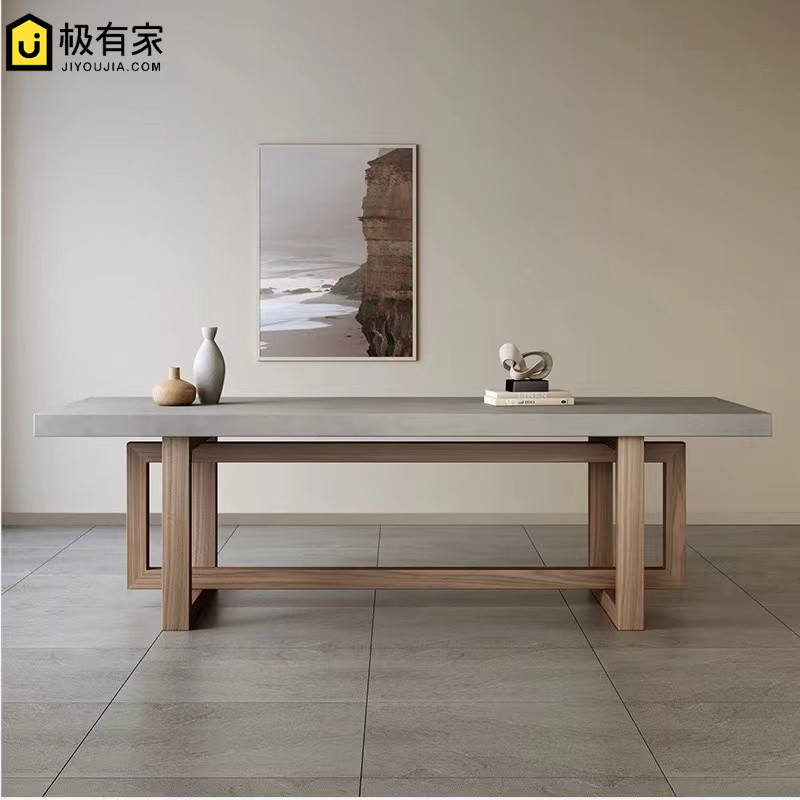 北欧复古实木仿水泥灰色餐桌长方形创意长桌简约设计师办公洽谈桌