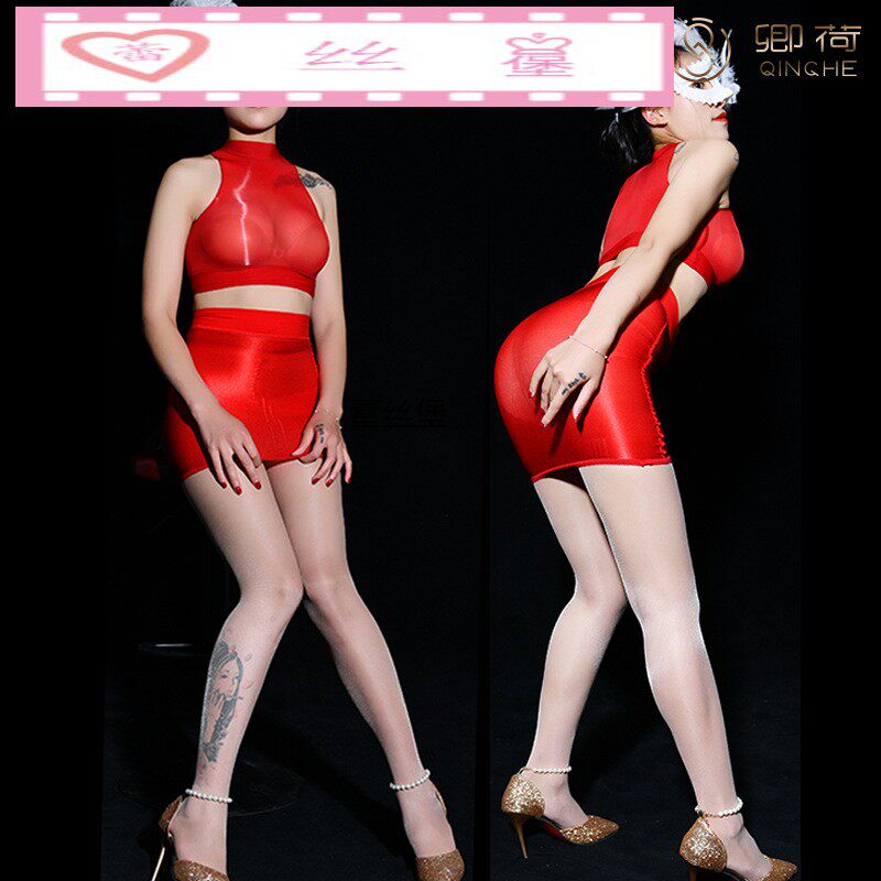 性感情趣丝袜套装女油光露脐小背心紧身薄透明舍宾包臀裙诱惑