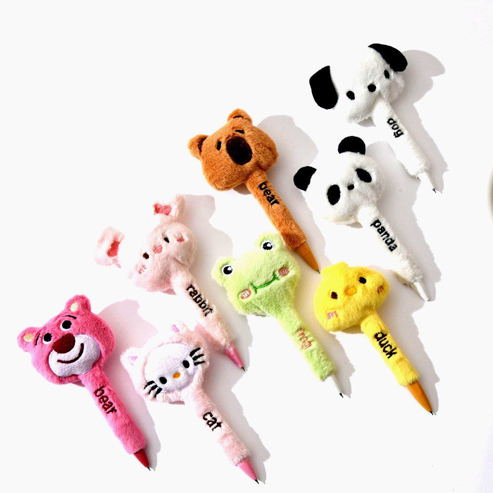 萌宠熊猫毛绒笔卡通笔高颜值按动中性笔黑色可爱创意学生用品文具