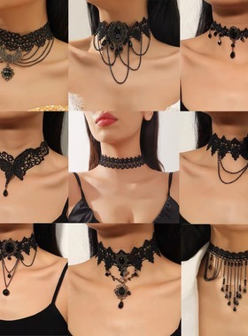黑色哥特蕾丝多层流苏锁骨链
