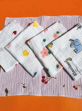 5条装纯棉纱布口水巾婴儿宝宝洗脸巾儿童方巾皱皱纱不掉毛双层