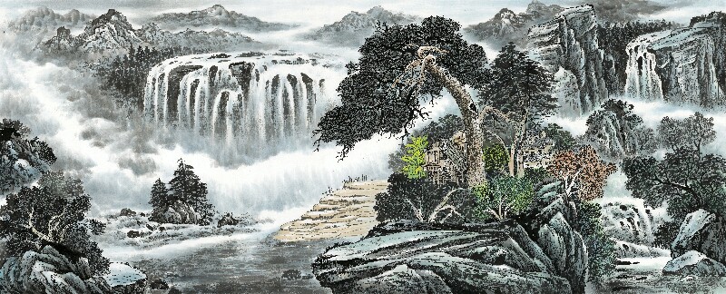 精美高清大横幅国画中式风景山水镇宅靠山图客厅背景墙壁装饰贴画
