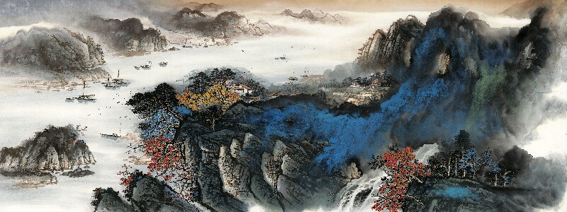 高清精美横幅写意国画泼墨风景山水现代靠山图客厅背景墙壁装饰画