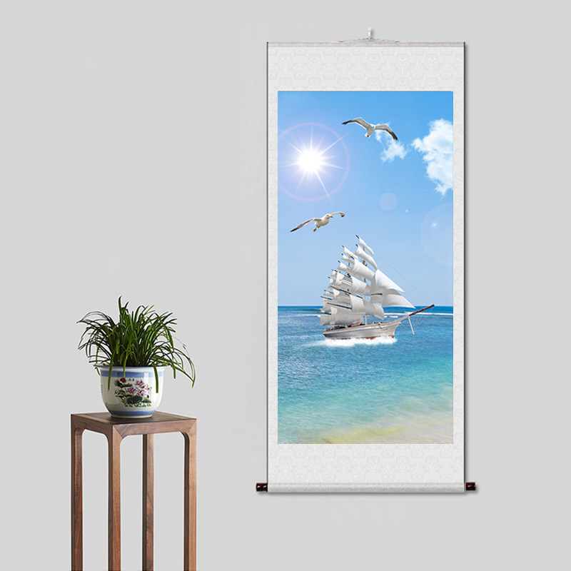 高清竖版一帆风顺海景蓝色现代简约清晰玄关过道背景墙壁装饰挂画