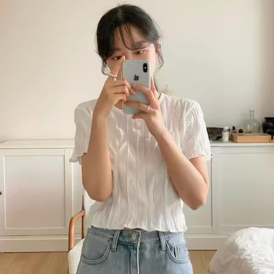 梵隼·SC 韩系褶皱木耳边短袖T恤东大门夏季新款气质圆领显瘦上衣