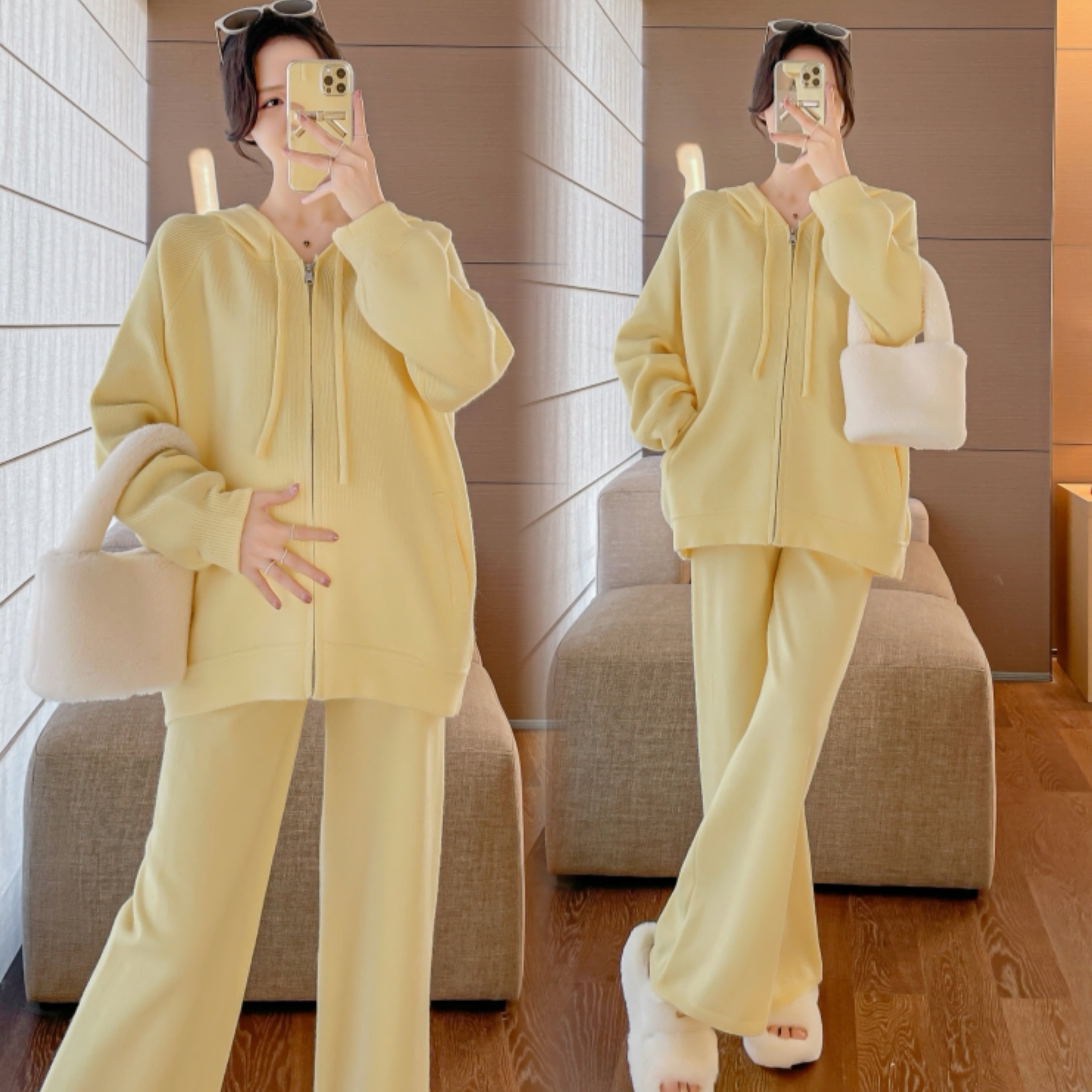 출산복 2024 봄 하이엔드 긴팔 탑 루즈한 스웨터 와이드 레그 팬츠 캐주얼 봄 정장 투피스 세트
