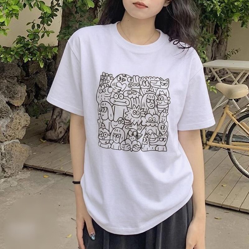 韩版白色可爱减龄卡通印花圆领短T恤