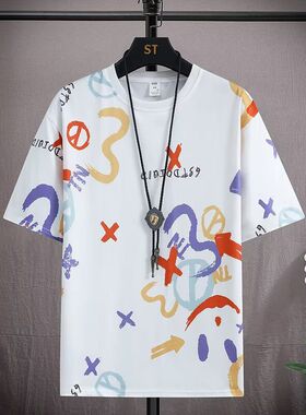 2026年新款涂鸦短袖t恤男夏季宽松五分袖潮牌网红潮流ins休闲上衣