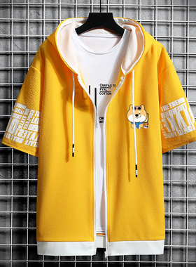 夏季潮流男短袖卫衣男拉链开衫外套上衣学生韩版运动电玩柴犬外套