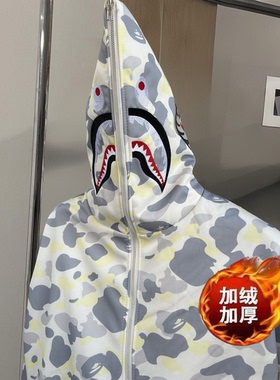 冬季加绒加厚刺绣白色单帽卫衣连帽高街鲨鱼外套男女学生情侣卫衣