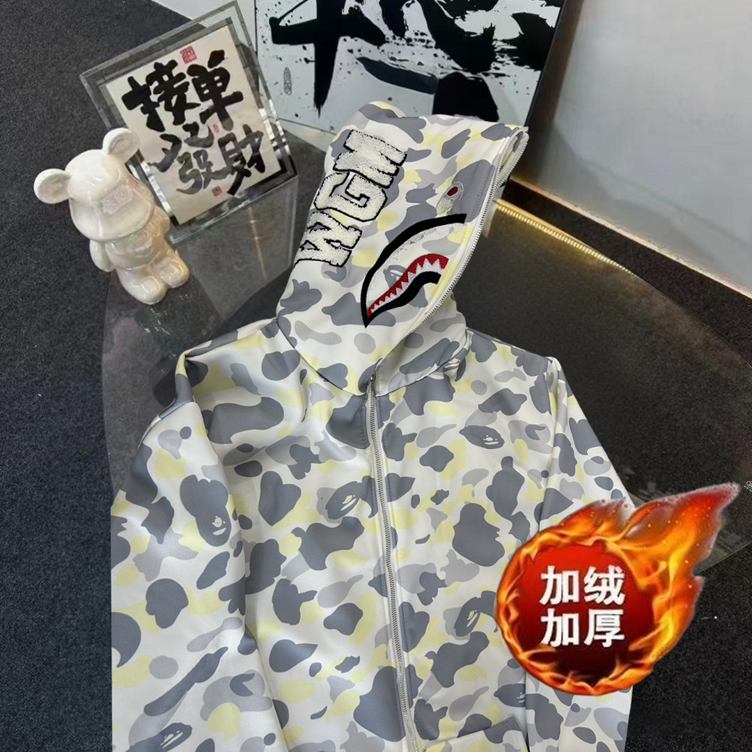 高街鲨鱼外套冬季加绒加厚刺绣白色单帽卫衣连帽男女学生情侣卫衣