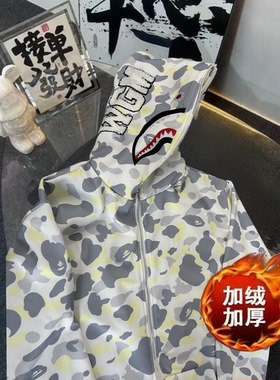 高街鲨鱼外套冬季加绒加厚刺绣白色单帽卫衣连帽男女学生情侣卫衣