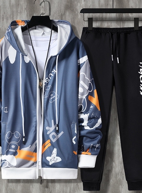 春秋潮流男装外套长裤宽松学生运动连帽卫衣青少年休闲小熊外套男