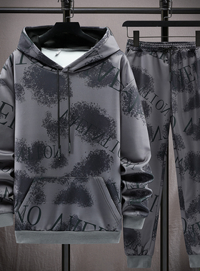 春秋潮流新款泼墨迷彩套装男套头卫衣连帽青少年学生运动休闲外套