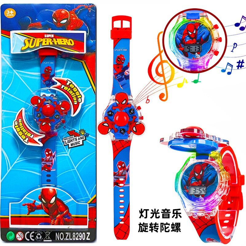 跨境热销蜘蛛侠音乐电子发光手表陀螺旋转玩具表儿童男孩女孩礼物