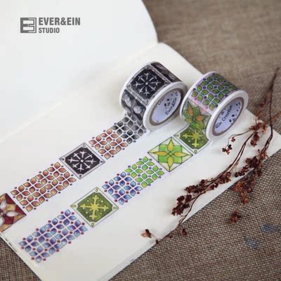 分装 Everein 和纸胶带 很多花砖系列 咖灰色 蓝绿色 手帐拼贴