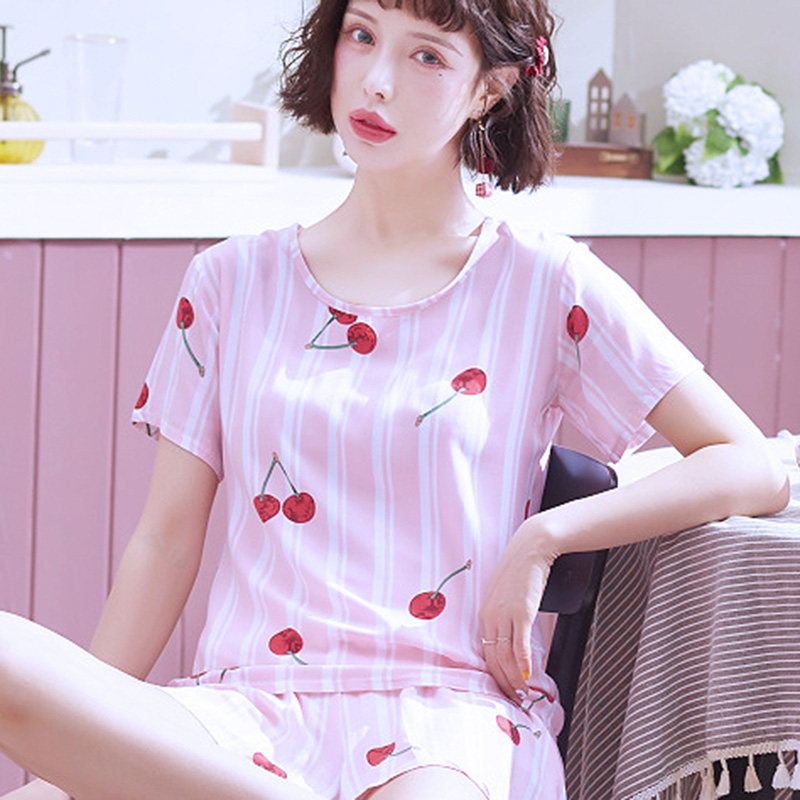 女绵绸大码睡衣夏天短袖短裤可爱学生薄款套头女人造棉绸家居服