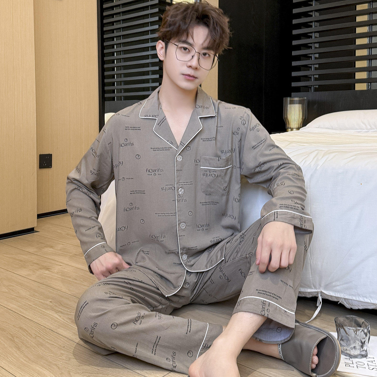 春秋夏季男人棉绸可外穿宽松绵绸男士套装家居服睡衣长袖薄款开衫