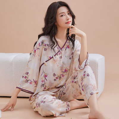 睡衣女人造棉绸春秋七分袖家居服可外穿新中式国风套装夏女士绵绸