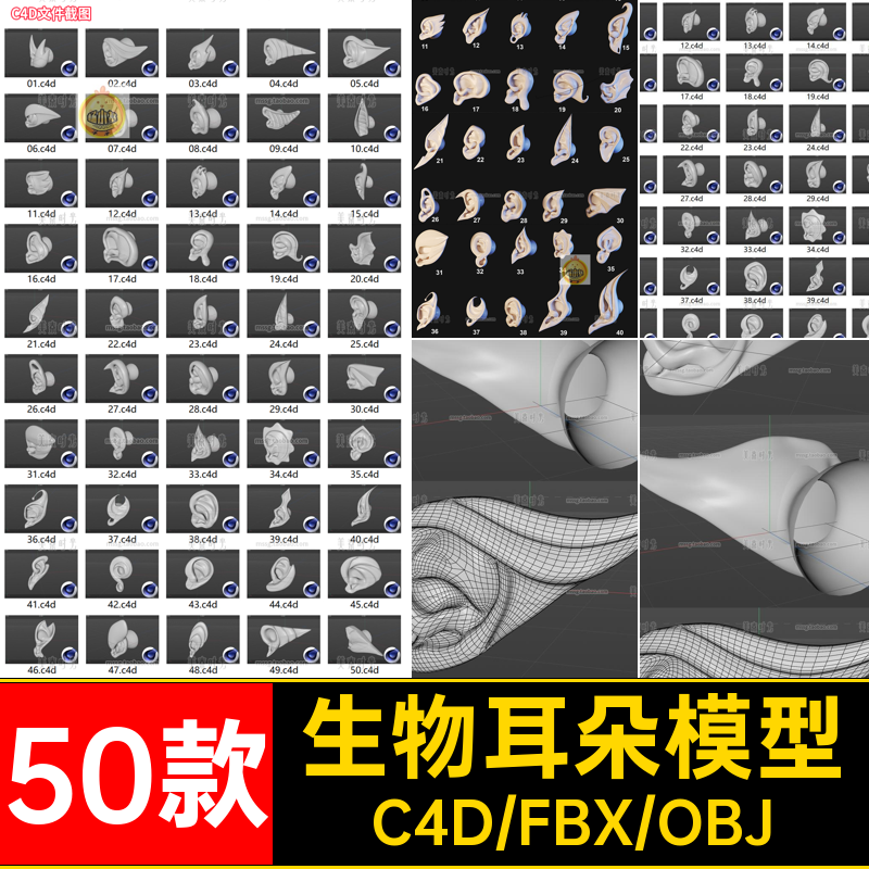 50款生物耳朵模型fbxobj动物白模形状精灵素材组件野兽格式C4D