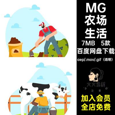 MG动画卡通人物场景果农民农场挤牛奶AE源文件透明GIFMOVPR素材