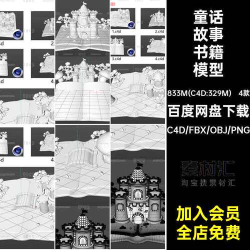 创意梦幻童话故事书籍小场景3d城堡树木蘑菇屋c4d模型obj