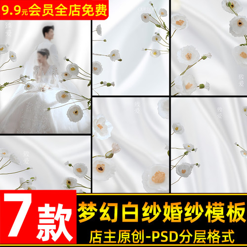 时尚高级薇拉梦幻洁白花朵白纱婚纱照设计psd模板影楼后期ps素材