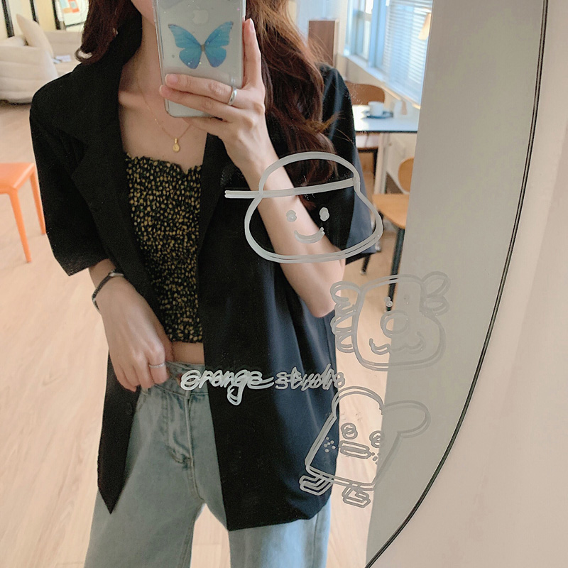 Real shot black Blazer Jacket Women's short sleeve top drooping feeling summer thin style suit fashion