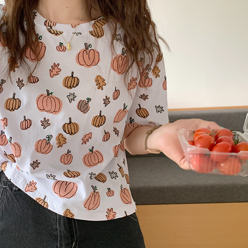 Real price summer new loose and thin versatile printed T-shirt short sleeve retro round neck blouse