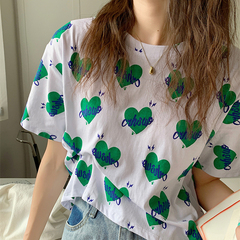 Real price summer new loose thin versatile Love Print T-shirt short sleeve retro round neck blouse