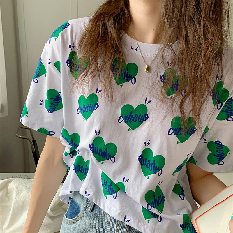 Real price summer new loose thin versatile Love Print T-shirt short sleeve retro round neck blouse