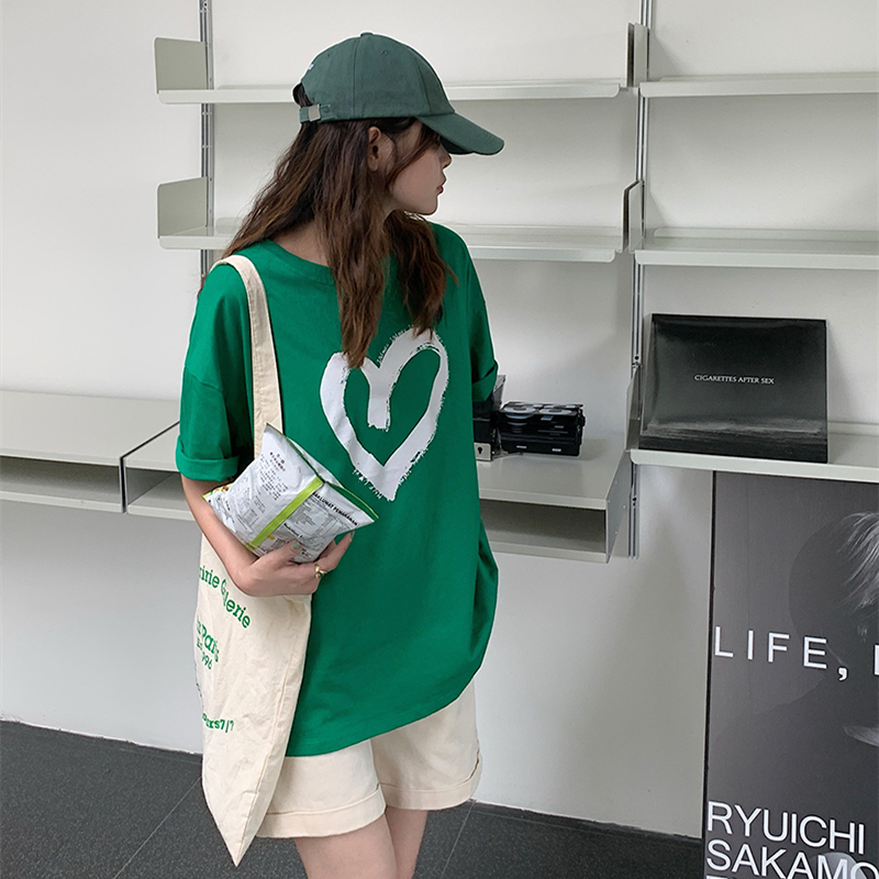 Summer new Hansong thin sweat absorbing short sleeve T-shirt love printing versatile green top fashion