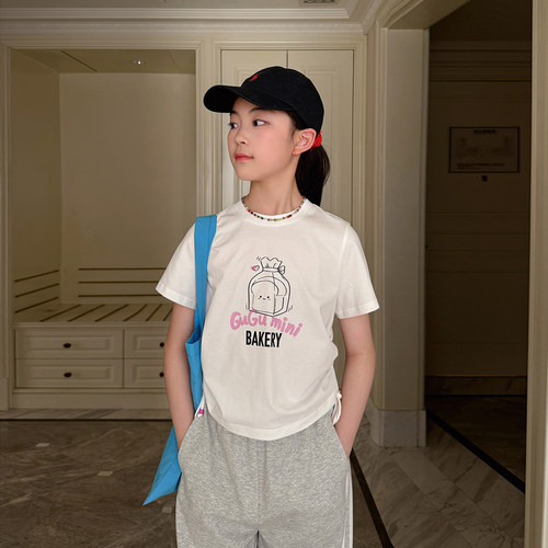 面包印花短款运动辣妹短袖T恤