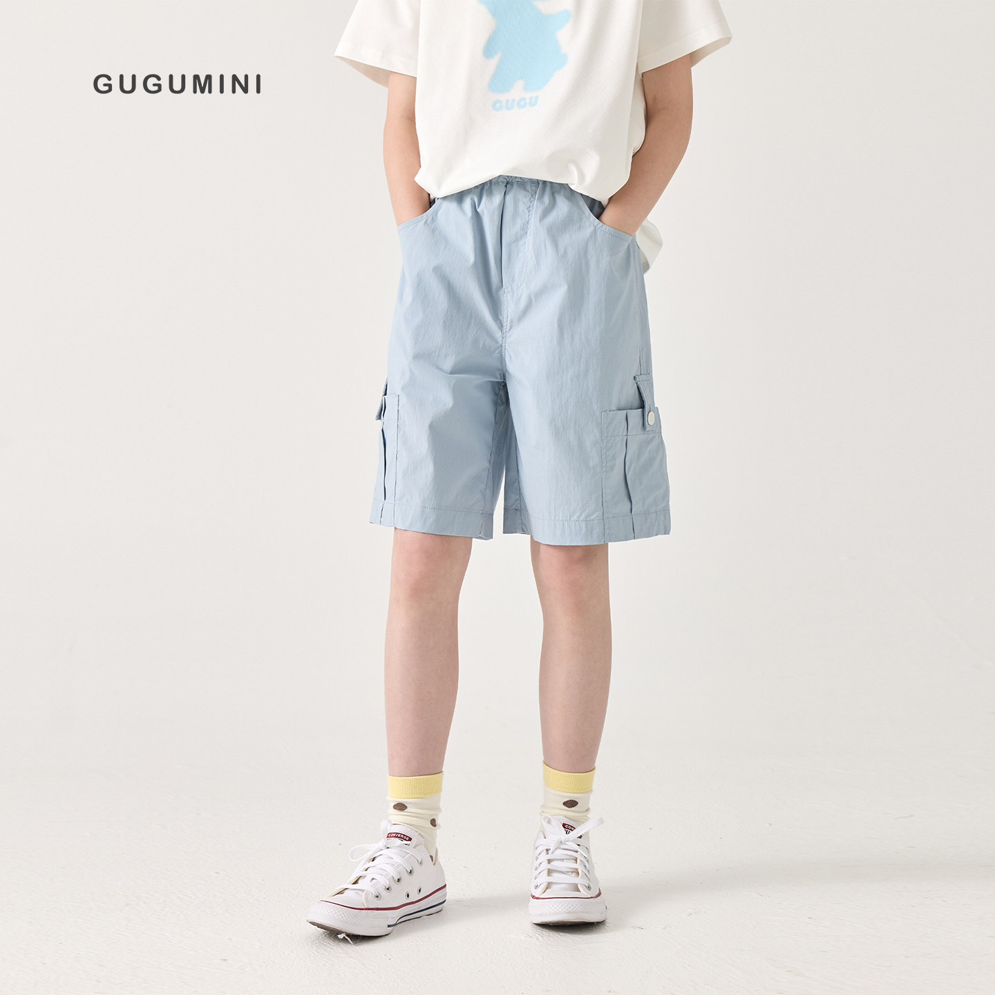 gugumini童装2026夏季男女童棉锦薄面料透气亲肤速干口袋工装短裤