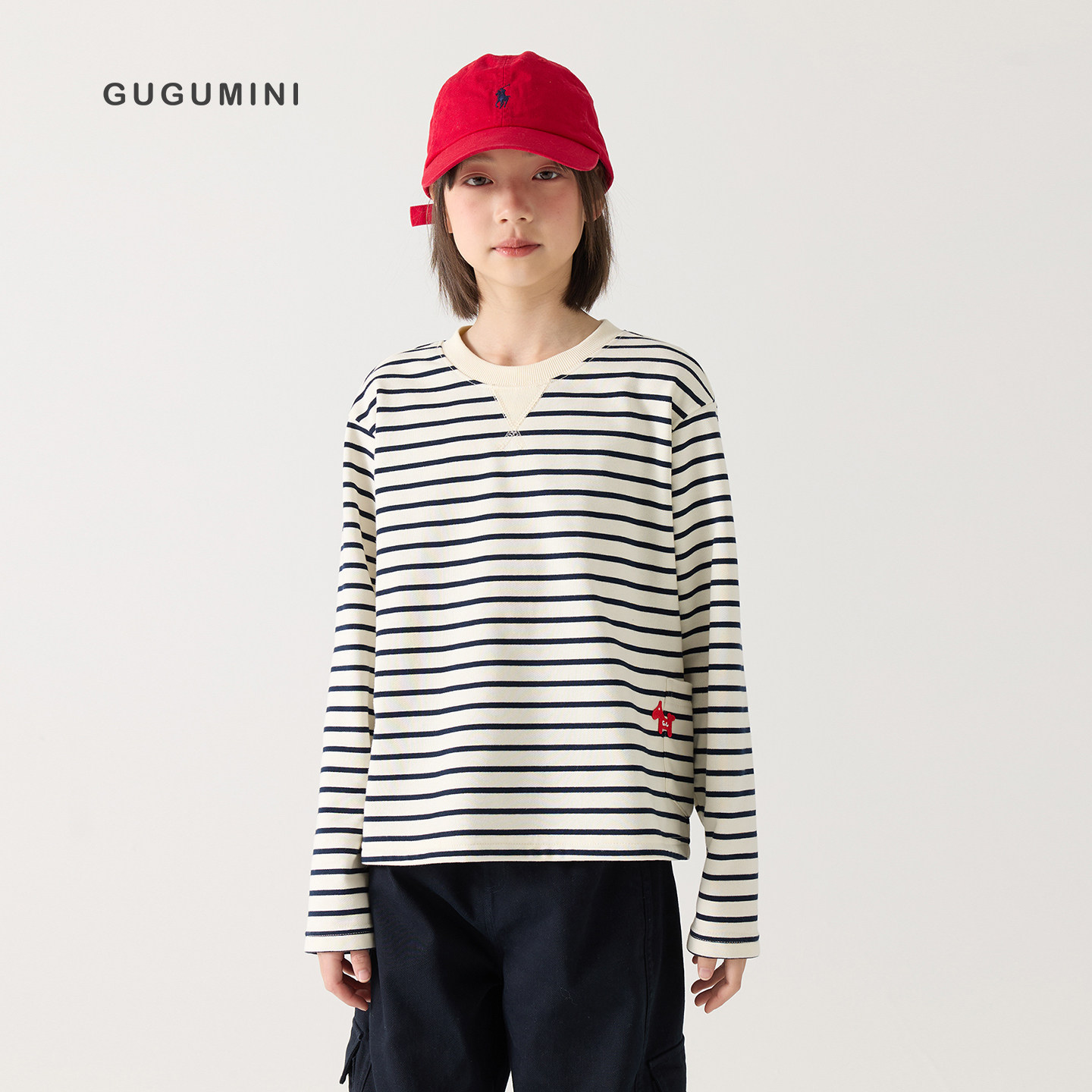 gugumini童装女童2026春季新款棉舒适透气柔软条纹长袖套头卫衣