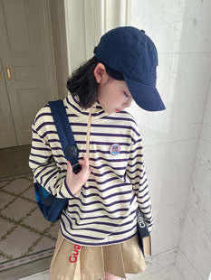 gugumini童装2025春夏男女童美式校园风全棉半开领长袖条纹上衣